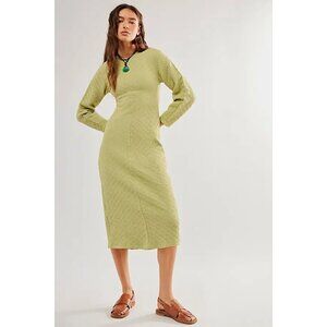 NWT Free People Gabby Seamless Dress Green Dried Aloe Bohemian Textured Midi M/L